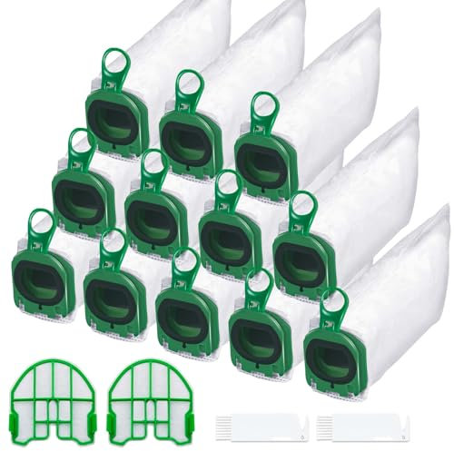 FERRGIA Kit Premium 12 Sacchetti per Aspirapolvere con 2 Filtri Motore e 2 Spazzole Pulizia,Compatibili per Vorwerk Folletto VB100 FP100 Sacchetto Filtro Aspirapolvere Parti-Alta Filtrazione