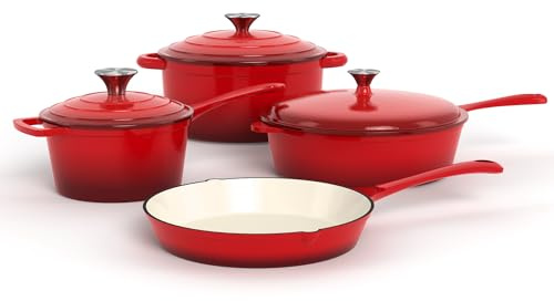 Kitchen Academy Lot de 7 Casseroles en Fonte émaillée Induction Rouge Casseroles et Poêles Antiadhésif, Cocotte Fonte Émaillée avec Couvercle non Toxique Batterie de Cuisine Tous Feux