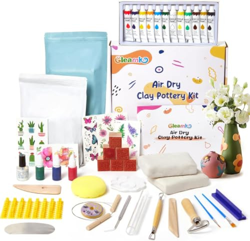 Gleamkid 43 PCS Pottery Kit,2x500g Air Dry Clay for Adults | Pottery Kit with 25ml Acrylic Paints,Stamps,Clay Kit Perfect for Creative Projects & DIY