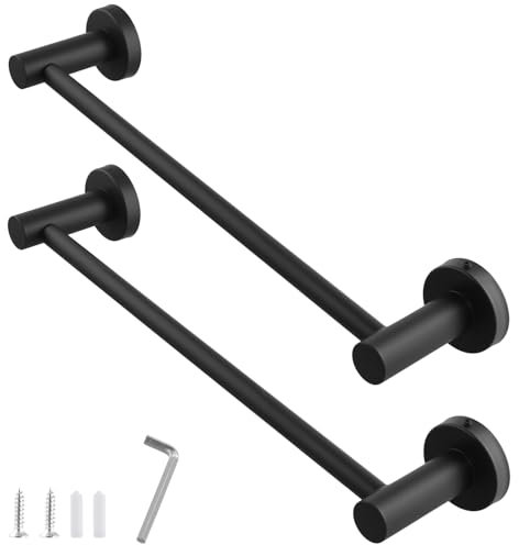 FUNSUEI 2 PCS Matt Black Towel Rail, 37-63cm Adjustable Wall Mounted Stainless Steel Bathroom Towel Rail with Screws for Bathroom, Kitchen, Hotel