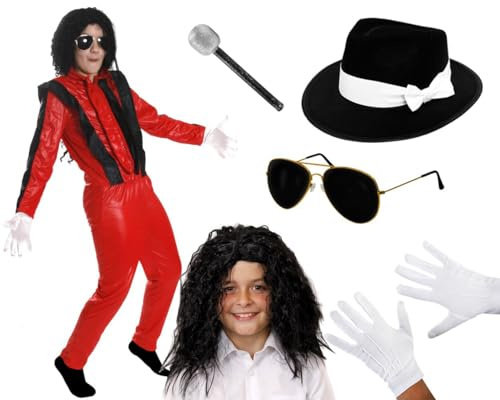 Costume da re del pop per bambini, taglia M, giacca e pantaloni rossi e neri, parrucca afro rilassata, cappello Fedora nero, occhiali da sole, guanti, microfono, icona della musica anni '80, costume