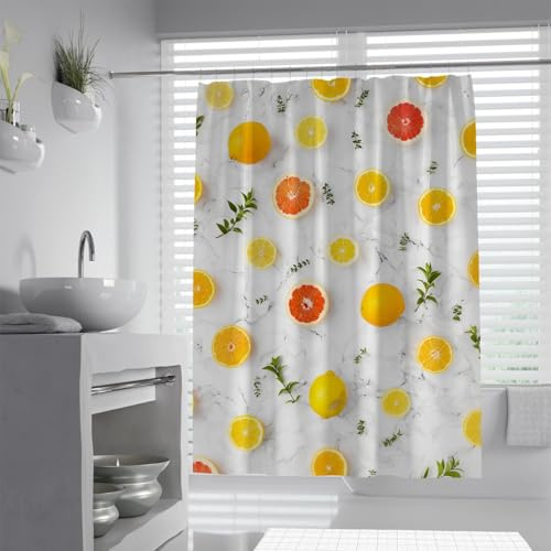 MOKOSAISE Tessuto per tende da doccia con frutta tropicale Fette di limone Fette d'arancia Set di cortina doccia in marmo grigio per la decorazione del bagno con ganci W180xL240cm