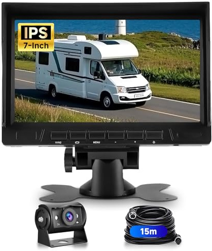 VECHTEL 1080P Caméra de recul avec écran IPS 7 Pouces,kit d'aide au stationnement,1024 x 600,IP69 AHD Vision Nocturne pour SUV, camionnette, Camping-Car, avec Pare-Soleil, câble de 15 m, 12-24 V