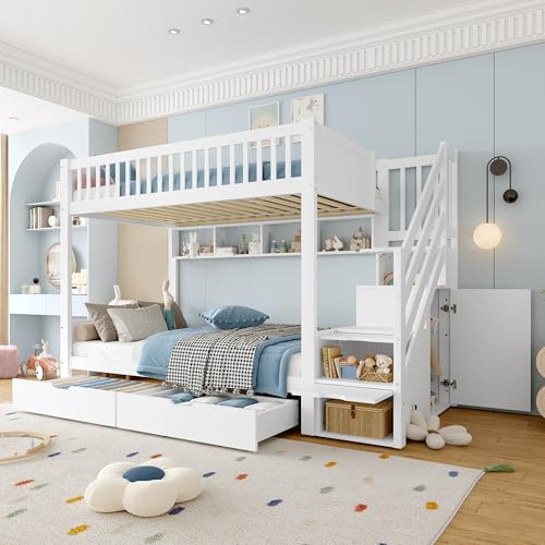 Huayz Letto a castello per 2 bambini, 90 x 200 cm, con scale, letto a soppalco con armadietti e protezione dalle cadute, con cassetto e scaffale, letti per ragazzi e ragazze, senza materasso (bianco