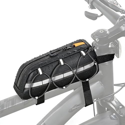FREEAMG Bike Frame Bag, 1.2L Bicycle Top Tube Bag with Reflective Strips, Water Resistant Crossbar Bicycle Pack for MTB Road and E-Bike (Black)