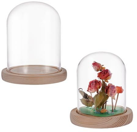 NBEADS 2 campanas de cristal de 2 estilos, cúpula de cristal de flores eternas, campana decorativa con base de madera para decoración de bodas, especímenes, manualidades, recuerdos de fiesta