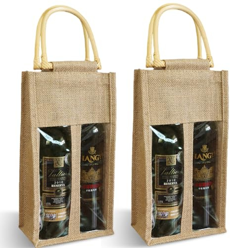 2 bolsas de yute para botellas de vino tinto, 2 botellas, doble bolsa de vino con ventana y asa, bolsa de yute reutilizable, bolsa de regalo para bodas, cumpleaños, fiestas, vacaciones