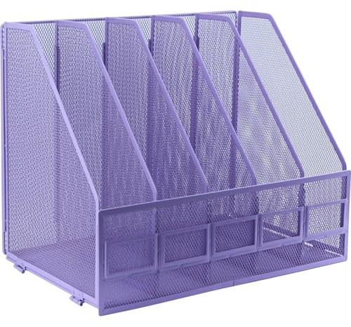 IOUGDSEC Soporte para archivos A4, plegable, 5 compartimentos verticales, soporte para revistas, organizador de escritorio, carpeta de documentos para oficina, escuela y hogar, color morado