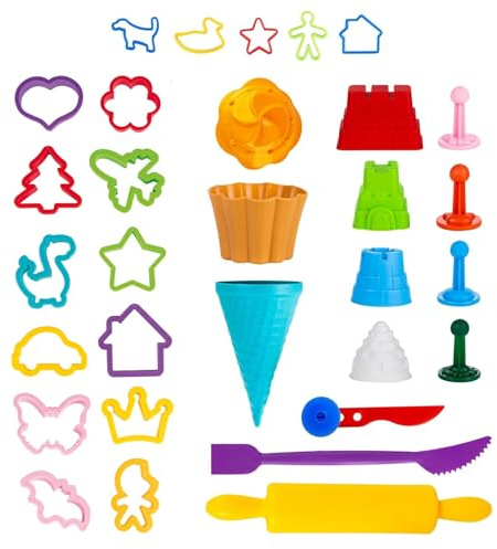 Genio Kids Accessoires pour Sable Magique et Pâte à Modeler Outils Modelage 30 Pièces Activité pour Enfant Moules pour les Jeux Cinétique, Pâte à Modeler, Plastiline, Argile (Nouveau)