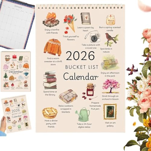 Bucket List Calendar 2026,Watercolor Paper Wall Calendar 2026,12-Month Vertical Wall Calendars,Inspirational Goal Planner With Motivational Illustrations,for Classroom Bedroom Students Family Office