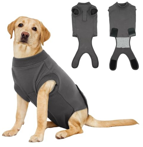 Hjumarayan Dog Surgery Recovery Suit - Cotton Dogs Surgery Suit with Belly Pocket, Post Spay Dog Suits Fastening at Back End, Wound Protection Clothing After OP Body for Border Collie, Grey XL