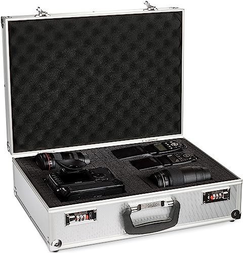 BRUBAKER Universal Koffer aus Aluminium - Transportkoffer mit Schaumstoff für Kameras, Equipment und Werkzeug - Fotokoffer mit Zahlenschloss und Würfelschaum - 46,5 x 34 x 15 cm – Silber