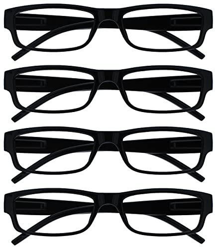 OPULIZE ACE Reading Glasses for Women Men, Lightweight Comfortable Narrow Rectangular Frame with Spring Hinges, Scratch Resistant, Black UVR+2.50 (Pack of 4)
