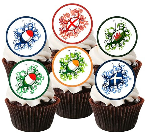 PRECUT Rugby Cupcake Toppers Six Nations Theme, Rugby-Ball Edible Cake Decorations, Sports Birthday Party, World Cup Topper 24 x 1.5 Inch 4cm