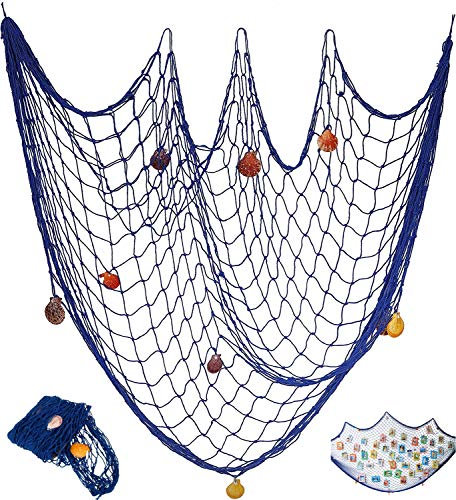 Tweal Dekoratives Fischernetz,Fischernetz Deko,Mediterranen Stil Fischerei Dekorative mit Farbigen Muscheln,für Wand Bar Party Decor Fotografie Dekoration 100 x 200 cm,Blau