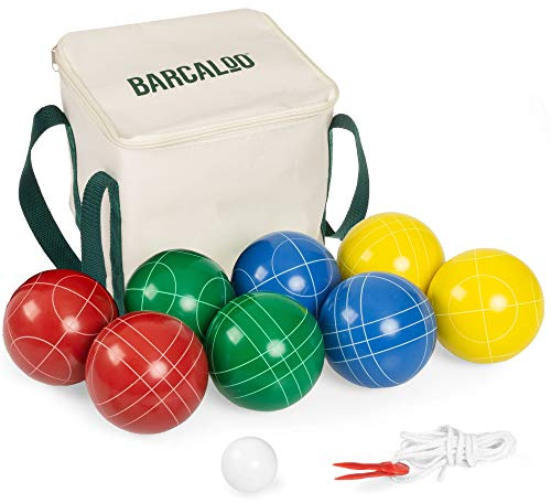 Barcaloo Bocce Ball Set with 8 Premium Resin Multicolor Bocce Balls, Pallino, Carry Bag & Rope