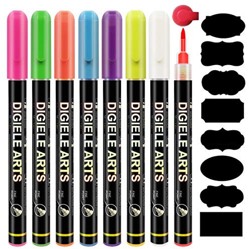 DIGIELE Rotulador Tiza Liquida, 8 Colores Rotuladores Tiza Líquida, 0.7-1mm Punta Fina, Marcador de Borrable en Seco o Húmedo para Pizarra, Pizarra Negra, Cristal, Ventanas + 16 Etiquetas Adhesivas