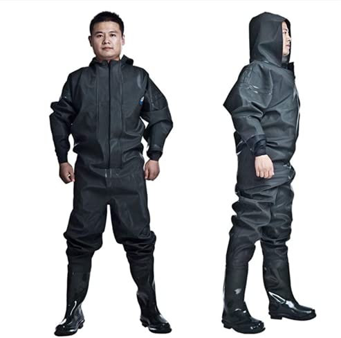 QTDZ Watstiefel Angeln Hose Mit Wasserdichter Kapuze, PVC/Nylon Leichte rutschfest Gummi Stiefel, Dicke Und Super Hoch Voll Body Wathose Fischerhose Teichhose Für Herren Damen,Schwarz,46 EU