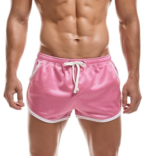 AIMPACT Pantalones cortos ajustados para hombre, estilo retro, con bolsillo, rosa, M