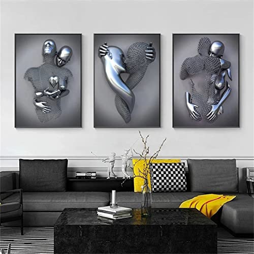 SWECOMZE 3er Kunst Modern Poster Set - 3D Metallfigur Statue Kunst Liebe Herz Kuss Bilder Wandkunst Deko - Ohne Rahmen - Wanddeko Wand Wohnzimmer Wanddekoration Deko (A,60x80cm)