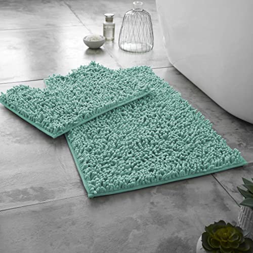GC GAVENO CAVAILIA 100% Microfiber Toilet Rug Set, Loop Bath Mat Non Slip, Pedestal Mats For Bathroom, Duck Egg, Regular,678670