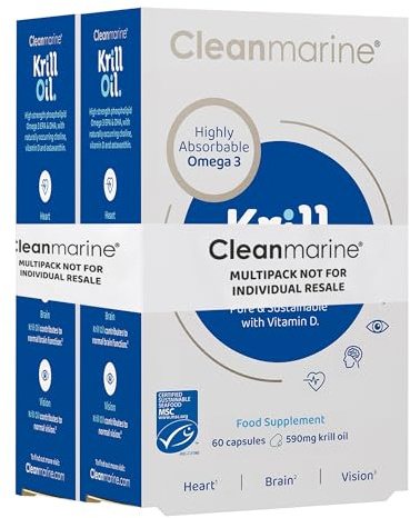 Cleanmarine Krill Oil – Packed with EPA & DHA – Omega 3 with Added Astaxanthin and Choline – Vitamin D – Heart, Eye & Brain Health – Joint & Immune Support - 120 Capsules - Multipack