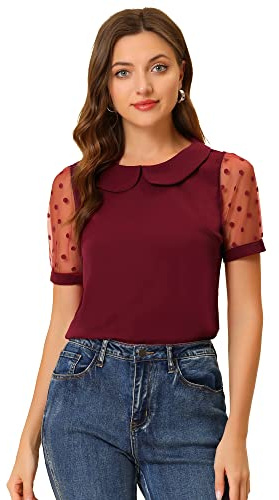 Allegra K Camicetta da donna con colletto Peter Pan a maniche corte a maniche corte vintage girocollo a pois manica a rete, Rosso vinaccia, 48