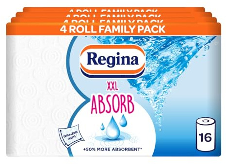 Regina XXL Absorb Kitchen Towels – 16 Rolls Per Pack, Super Absorbent 2-ply sheets, 75 Extra-large Sheets Per Roll, 50% More Absorbent Than Previous XXL Products, Easy Open Pack, 60% PCR Plastic