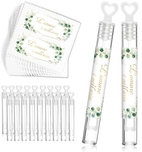 BOFUNX 50pcs Bolle di Sapone Bomboniere Matrimonio Bolle di Sapone con Manico a Cuore Wedding Bubbles con Etichette per Matrimonio Compleanno Battesimo Nozze