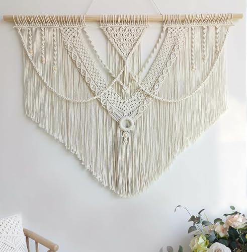 Grande tenture murale en macramé - Tapisserie Boho Décoration murale en macramé Art - Tapisserie bohème chic tissée à la main Décoration de la maison for chambre à coucher Salon Fête de mariage(Triang