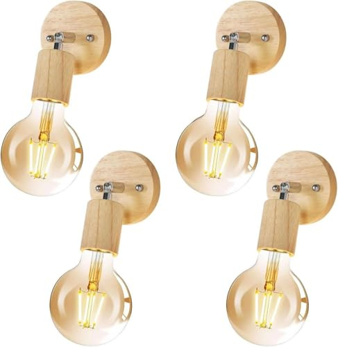 Tealight 4 stycken inomhusvägglampa, rotation 350° vägglampa i trä, retro, E27, inomhusbelysning för sovrum, vardagsrum, hall, matsal