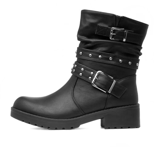 Lilley Womens Black Studded Block Heel Calf Boot