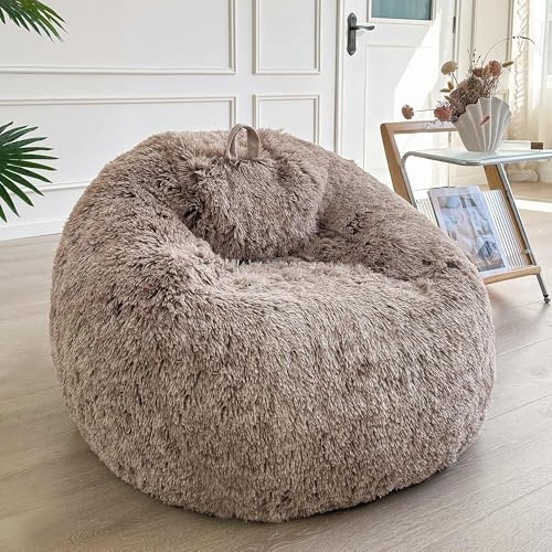 LIFEREVO Faux Fur Stuffed Animal Storage Bean Bag Chair Cover (No Filler), Washable Fluffy Large Bean Bag Cover for Adults Girls, Furry Beanbag Cover for Textile Plush Toys Memory Foam (Ombre Khaki)