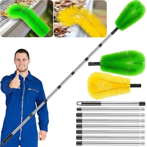 HELISAN Strumenti per la pulizia delle grondaie con 2 spazzole per grondaie, strumenti telescopici per la pulizia di grondaie da 3,2 m, con asta a 8 sezioni, strumenti lunghi per la pulizia di foglie