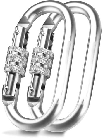 Karabiner Klettern, 2 Stück Kletterkarabiner, 25 KN O Form Klettern Karabiner Haken, Verriegelnder Karabinerhaken aus Edelstahl für Camping, Bergsteigen, Silber