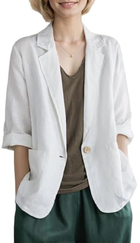MINTLIMIT Womens Linen Blazer Summer 3/4 Sleeve Notch Lapel Work Office Suit Casual Button Blazers Jackets with Pockets