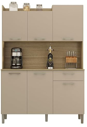Buffet de Cuisine 6 Portes 1 Tiroir Chêne et Taupe L 121.5 H 176 P 36.3 cm