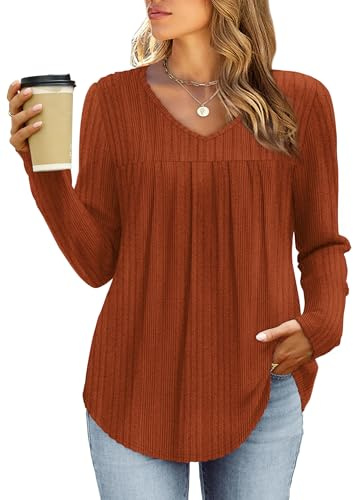 WIHOLL Jumpers for Women UK Christmas Sweater V Neck Long Sleeve Tops Ladies Tunic Tops Lightweight Winter Jumpers Caramel L Size 14-16