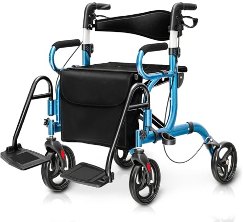 GOPLUS 2 i 1 rullator vikbar, promenadstöd med justerbar höjd, ryggstöd, säte och väska, gånghjälpmedel, gångvagn, lätt av aluminium upp till 160 kg, vikbar rullstol, reserullator för äldre (blå)