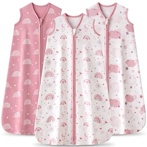 FIEMOL Baby Sleeping Bag 0-6 Months 0.5 Tog Baby Wearable Blankets Cotton, 3 Pack Summer Breathable Sleep Sack for Newborn Infant 58-66cm Pink Rainbow