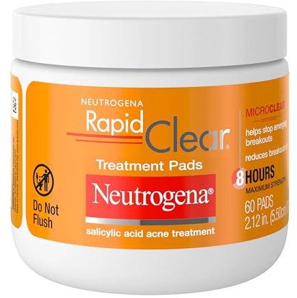 Neutrogena Rapid Clear Maximum Strength Acne Treatment Pads - Salicylic Acid Formula, Face Cleansing Pads, Oil Remover, Fights Pimples, 60 Count, Resealable Jar
