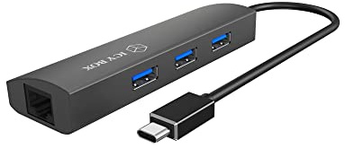 ICY BOX IB-HUB1406-C USB 3.0 Type-C Hub mit 3x USB 3.0 (Type-A) und 1x Gigabit-LAN Netzwerkanschluss, Aluminium, integriertes Kabel, grau