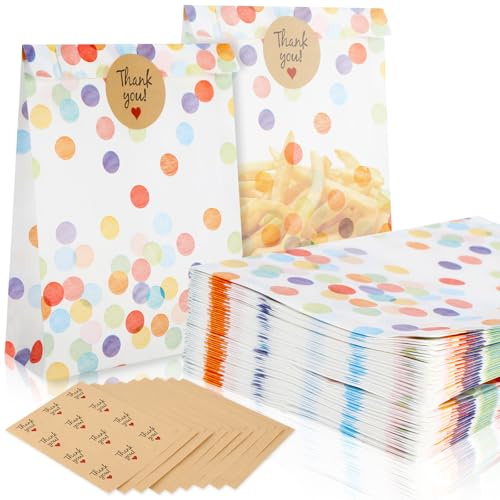 100 stycken presentpåsar barns födelsedag, oljesäkra papperspåsar med 108 klistermärken, runda prickar presentpåsar barnfödelsedag, smörlådor färgglada för bröllop, födelsedag