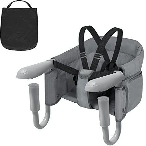 UISEBRT Asiento de mesa plegable para bebé, silla de viaje para niños con pinzas antideslizantes y cinturón de seguridad, trona portátil para niños y viajes, gris