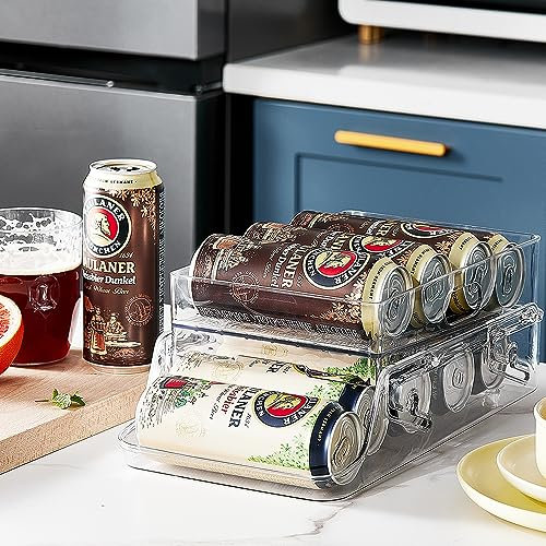 ROWNYEON Rolling Can Dispenser Fridge Organisers 2 Teir Foldable Can Holder Drink Dispenser for Fridge Can Storage Beer Soda Can Organiser for Refrigerator Kitchen Cupboard Pantry Countertop