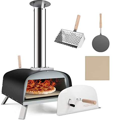 GOPLUS Pizzaofen Outdoor, Holzofen mit 33 cm Pizzastein, Schaufel, Feuerschutz, zusammenklappbaren Beinen, abnehmbarem Schornstein, tragbarer Pizzagrill für Garten Camping Familien Party