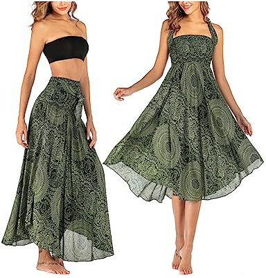 JENJON Femme Robe Imprimé Fleurie Ete Boheme Jupe Style Ethnique 2 en 1 sans Manche Plage Strap Wrap Taille Unique A-Vert