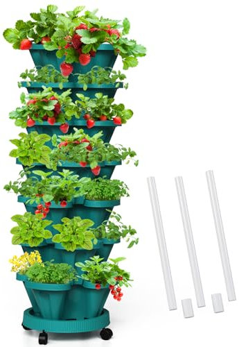 Tectsia Vertikale Erdbeer-Pflanzgefäße für den Garten, 7-stöckig, stapelbar, Kräuter-Gemüse-Pflanzgefäß mit Stützstange, für drinnen und draußen, Jägergrün