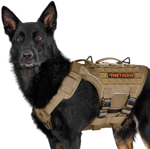 OneTigris Hundegeschirr, Torpedo Taktisches Geschirr mit 4 Metallschnallen 3 Metall-D-Ringen 2 Griffe und Reflexstreifen No-Pull Einstellbar Sicherheitsgeschirr für Große/Mittlere Hunde - Braun XL