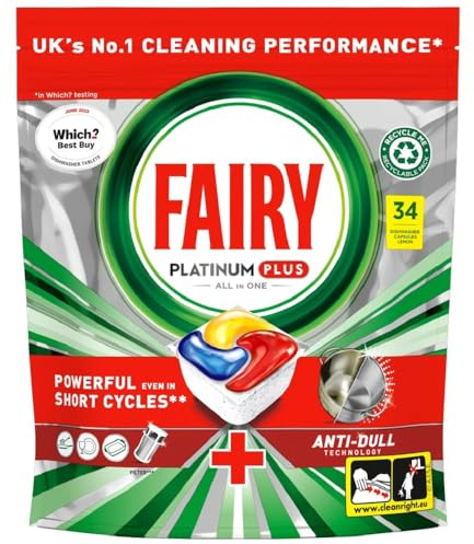 Fairy Platinum Plus All in One diskmaskinstabs citron 34 tabletter. Vår bästa rengöring för en ren som ny, tar bort matthet och förhindrar kalk